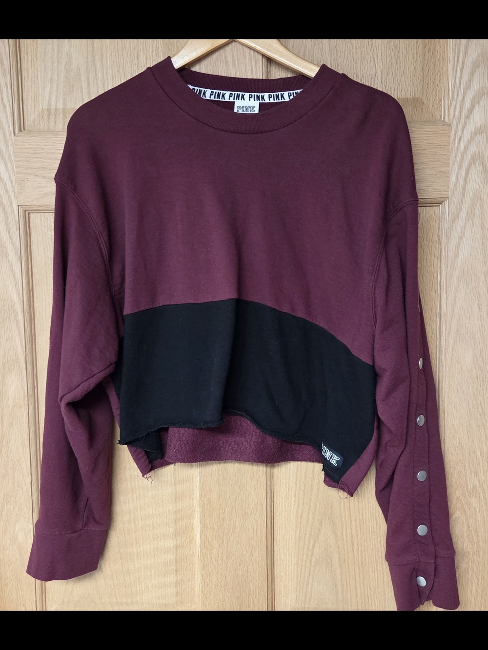 PINK Victoria's Secret Burgundy and Black Cropped Sweatshirt Large - Picture 1 of 7